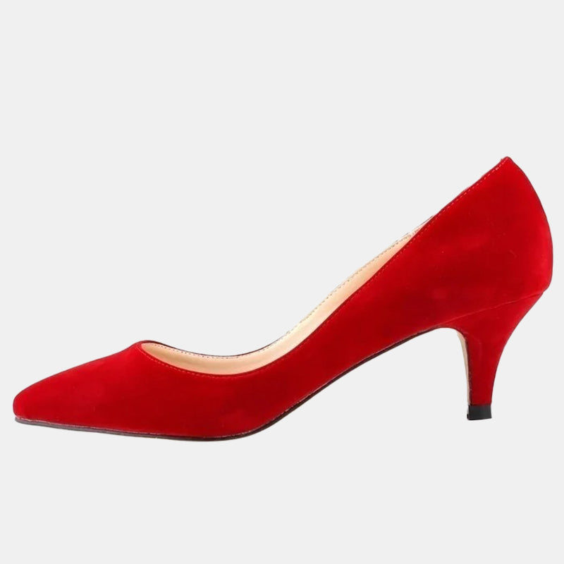 Escarpins rouges | Talon bas recouvert de daim doux et semelle intérieure rembourrée