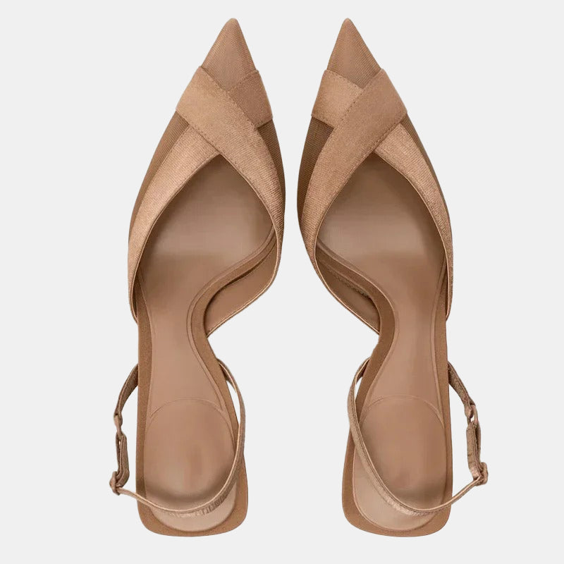 Escarpins talon carré | Satin beige avec design ouvert et talon carré élégant