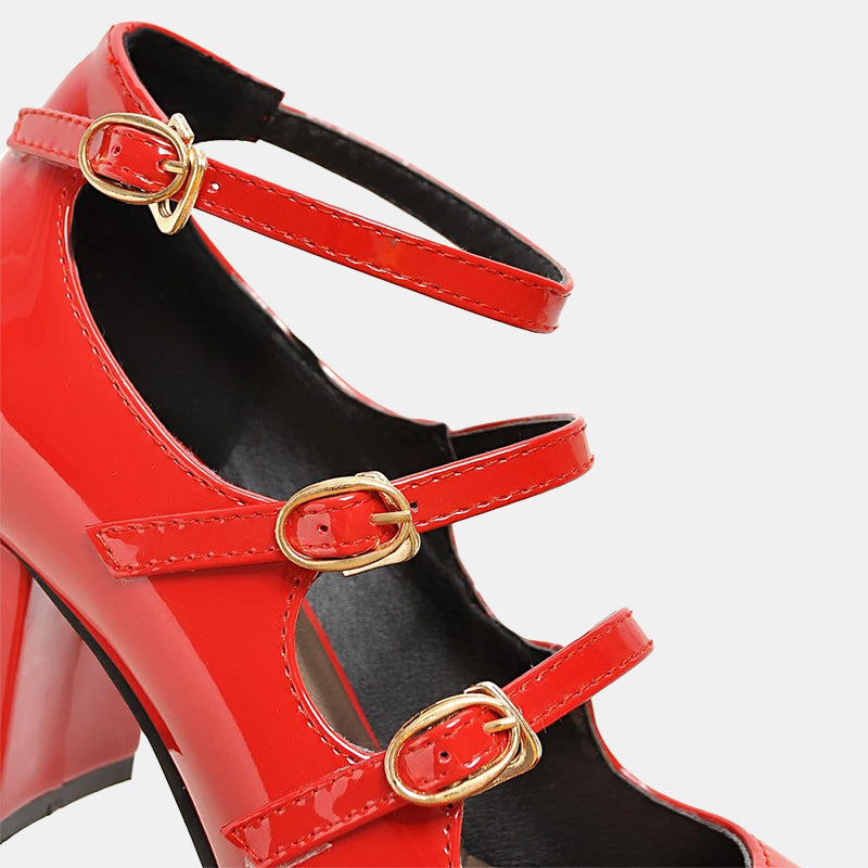 Escarpins confortables | Rouges à talons carrés et brides multiples pour un maintien optimal