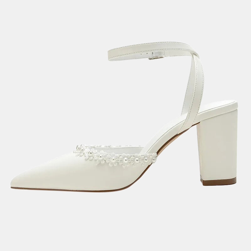 Escarpins mariage | Talons carrés blancs avec doublure confortable et bout pointu