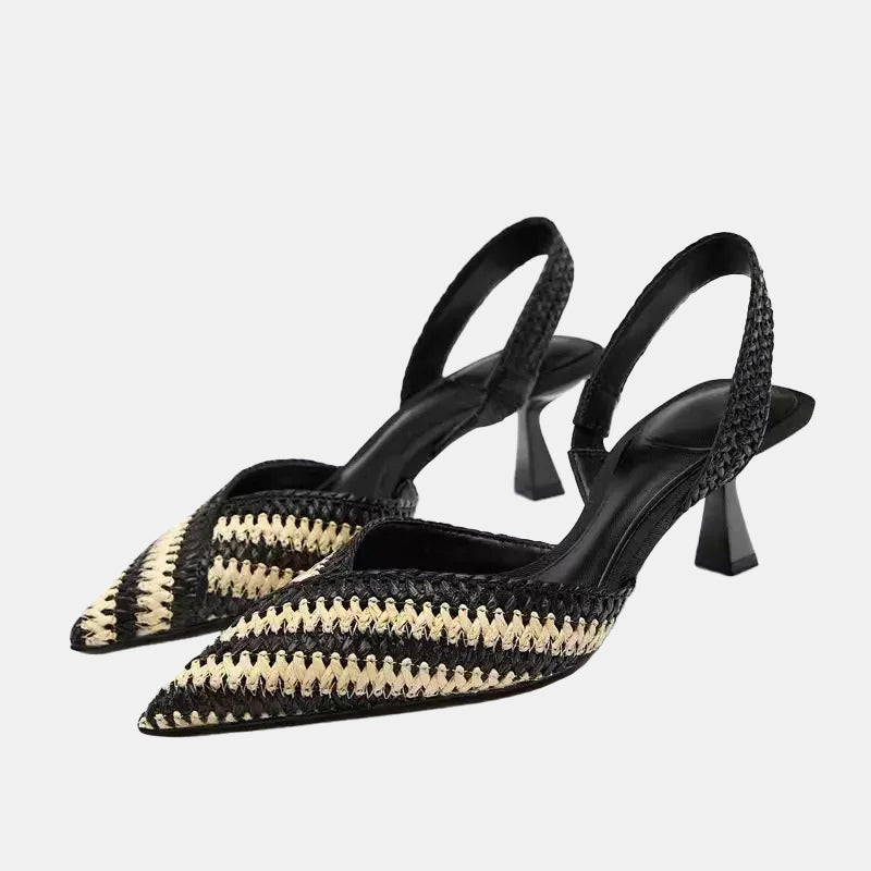 Escarpins tissés en raphia noir et beige avec talons carrés