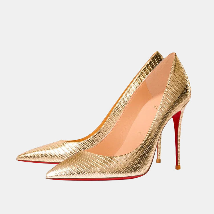Escarpins dorés | Semelle rouge texturée avec talon aiguille et doublure en cuir