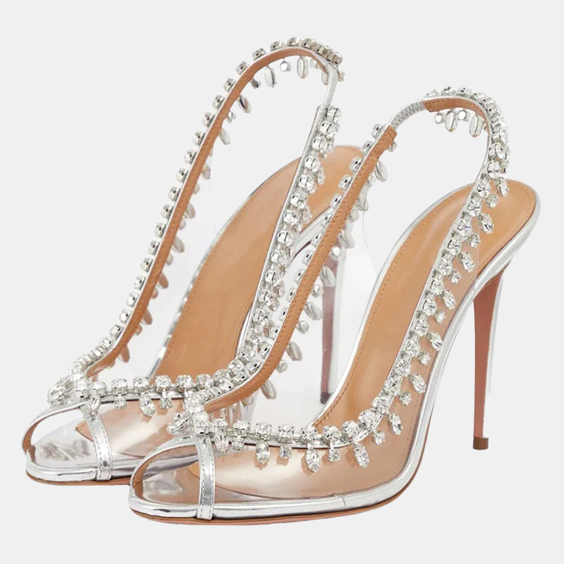 Escarpins argentés à bride ouverte et strass