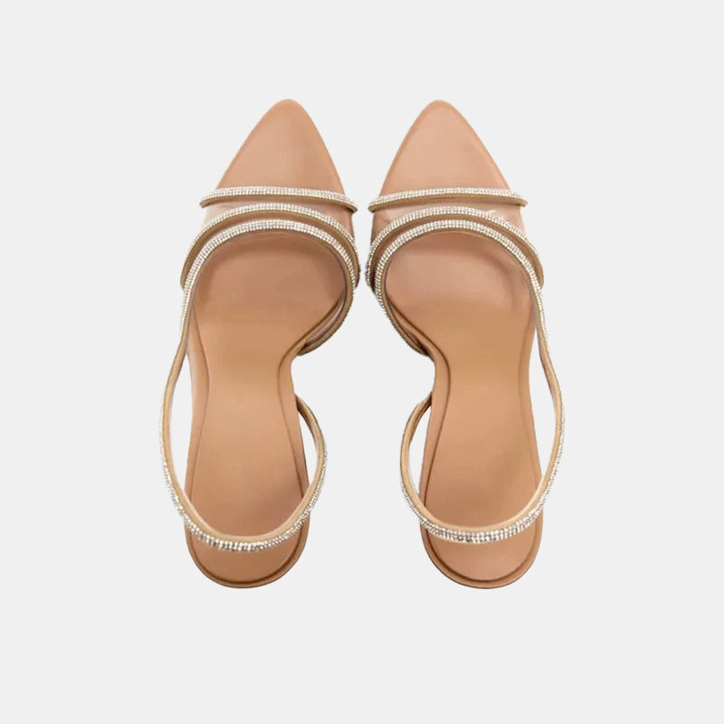 Escarpins beiges | Talons avec brides transparentes ornées de strass scintillants