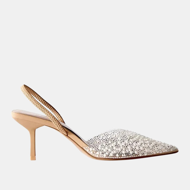 Escarpins beiges | Talons moyens ornés de perles et cristaux scintillants