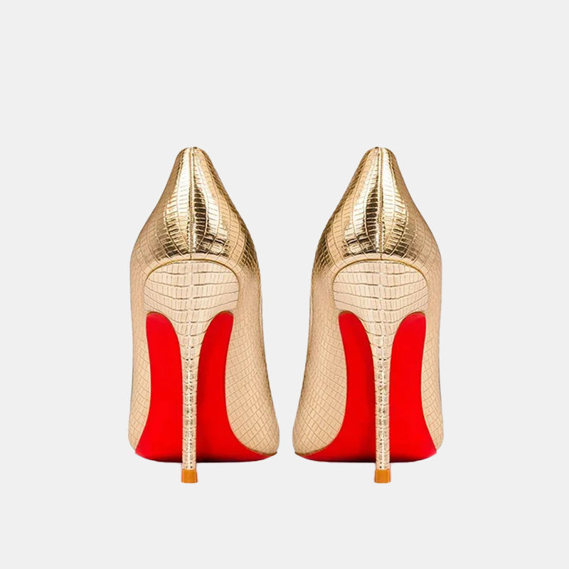 Escarpins dorés | Semelle rouge texturée avec talon aiguille et doublure en cuir