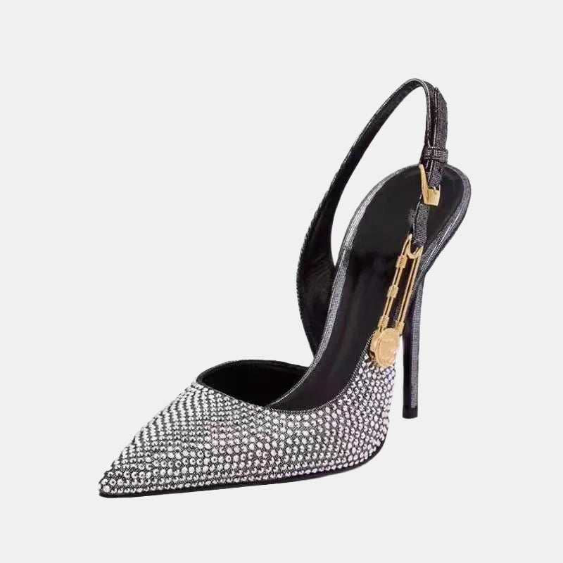 Escarpins argentés | Bride ouverte ornée de strass et finition éclatante