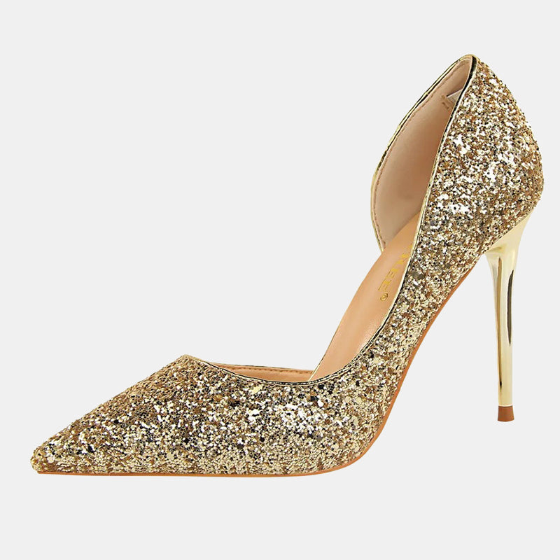 Escarpins dorés à paillettes avec talon aiguille métallisé