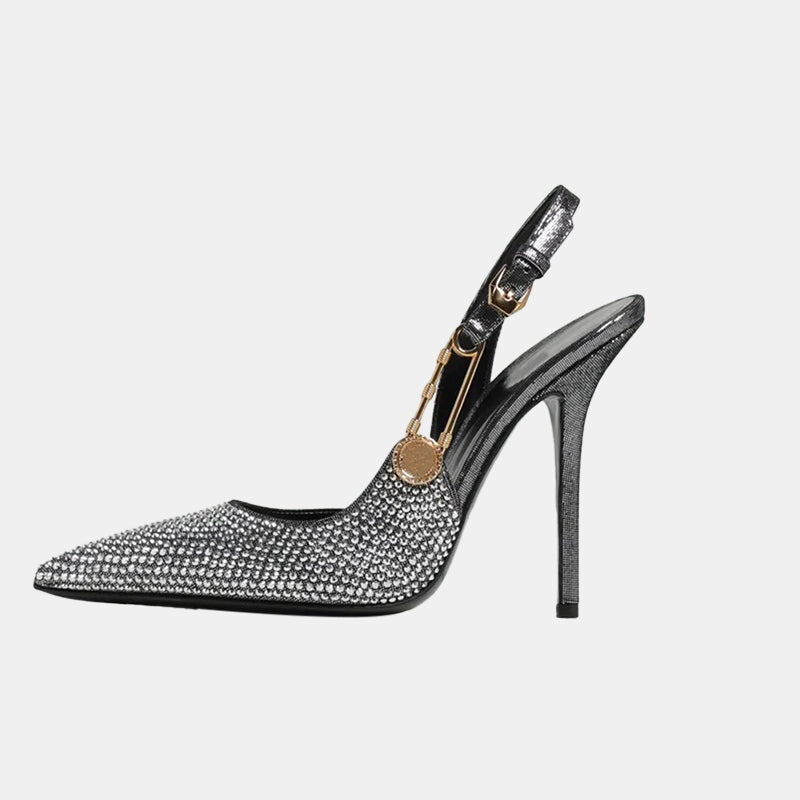 Escarpins argentés | Bride ouverte ornée de strass et finition éclatante