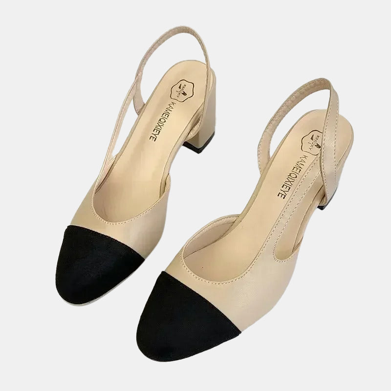 Escarpins talon carré | Design bicolore beige et noir avec talon carré stable