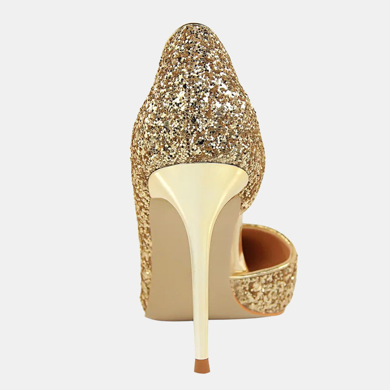 Escarpins dorés | Paillettes brillantes avec talon aiguille métallisé et bout pointu