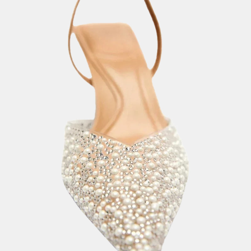Escarpins beiges | Talons moyens ornés de perles et cristaux scintillants