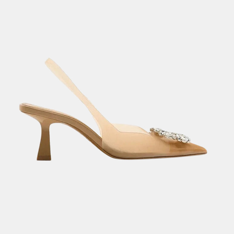 Escarpins beiges | Ornements en cristal sur talons bas pour une élégance discrète