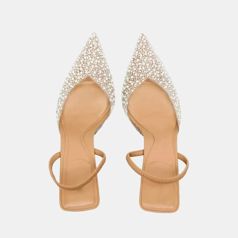 Escarpins beiges | Talons moyens ornés de perles et cristaux scintillants