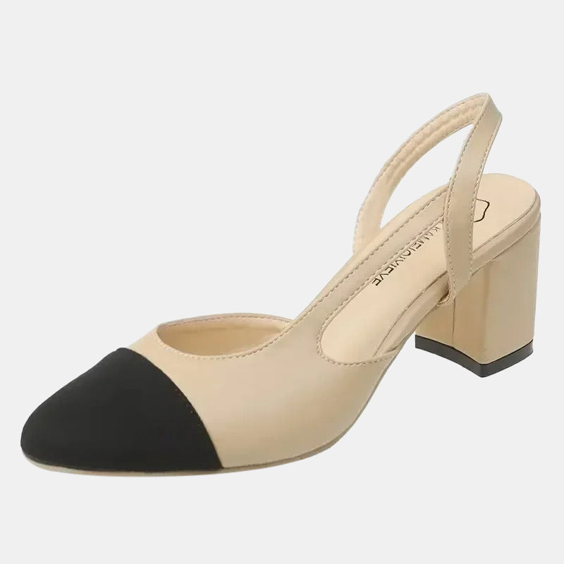 Escarpins talon carré bicolores beige et noir
