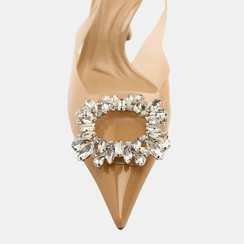 Escarpins beiges | Ornements en cristal sur talons bas pour une élégance discrète