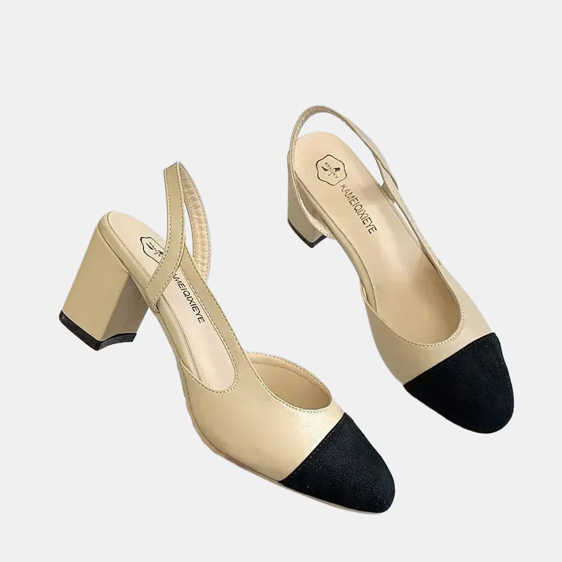 Escarpins talon carré | Design bicolore beige et noir avec talon carré stable