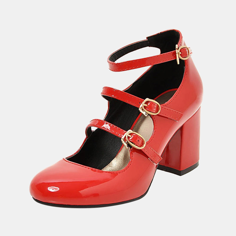 Escarpins confortables rouges à talons carrés et brides multiples