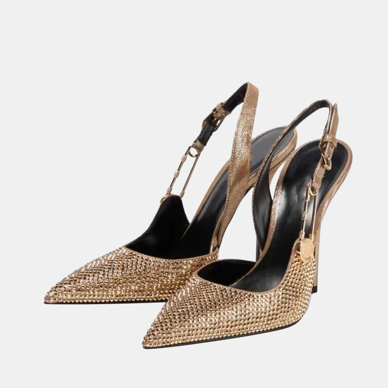 Escarpins dorés à strass et talon aiguille